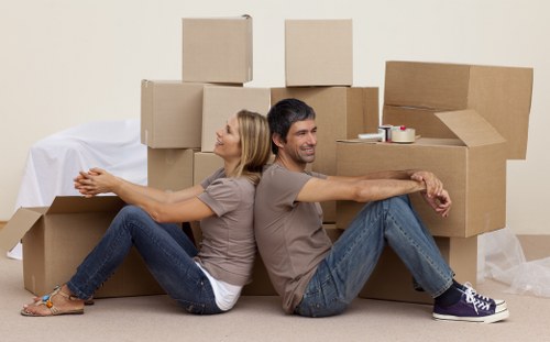 Boxes and home contents ready for delivery during a house removal in Locksbottom
